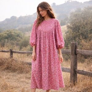 Komil Vintage 80s Womens Midi Dress Sz M Rose Pink Cottagecore Balloon Sleeve